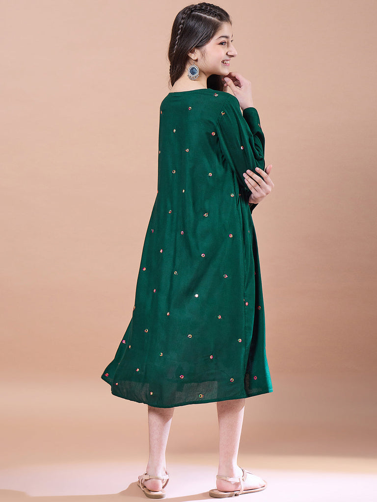 Girls Green floral print empire dress Square Neck Empire Cotton Midi Dress (IW-GREENMIRROR)