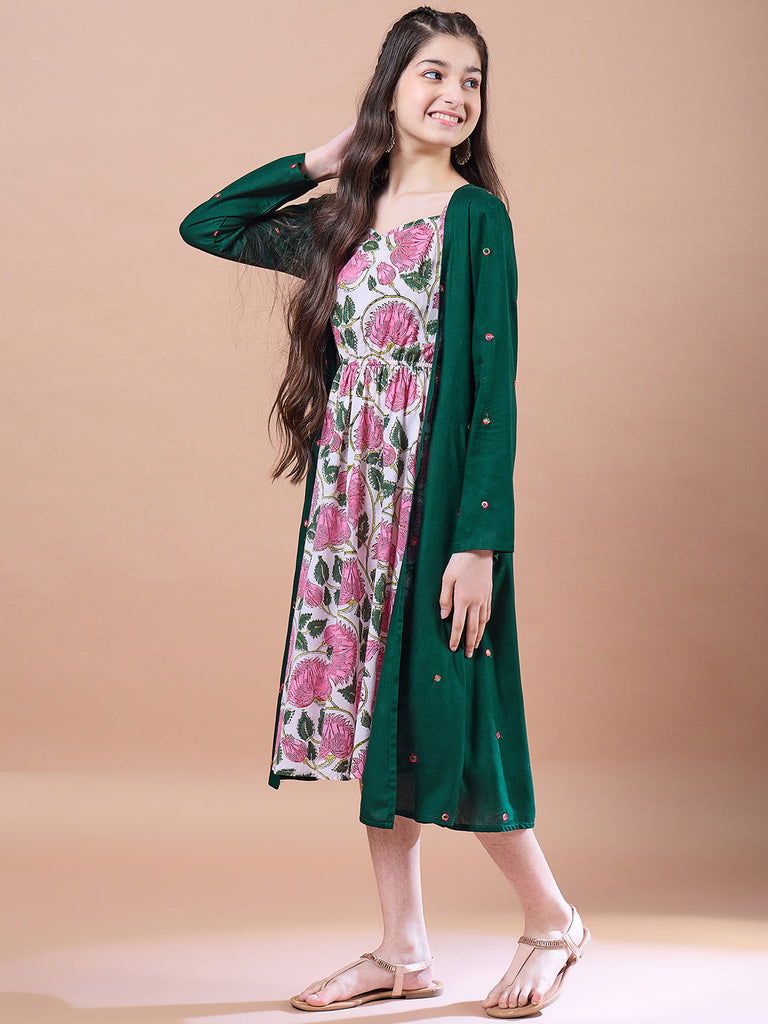 Girls Green floral print empire dress Square Neck Empire Cotton Midi Dress (IW-GREENMIRROR)