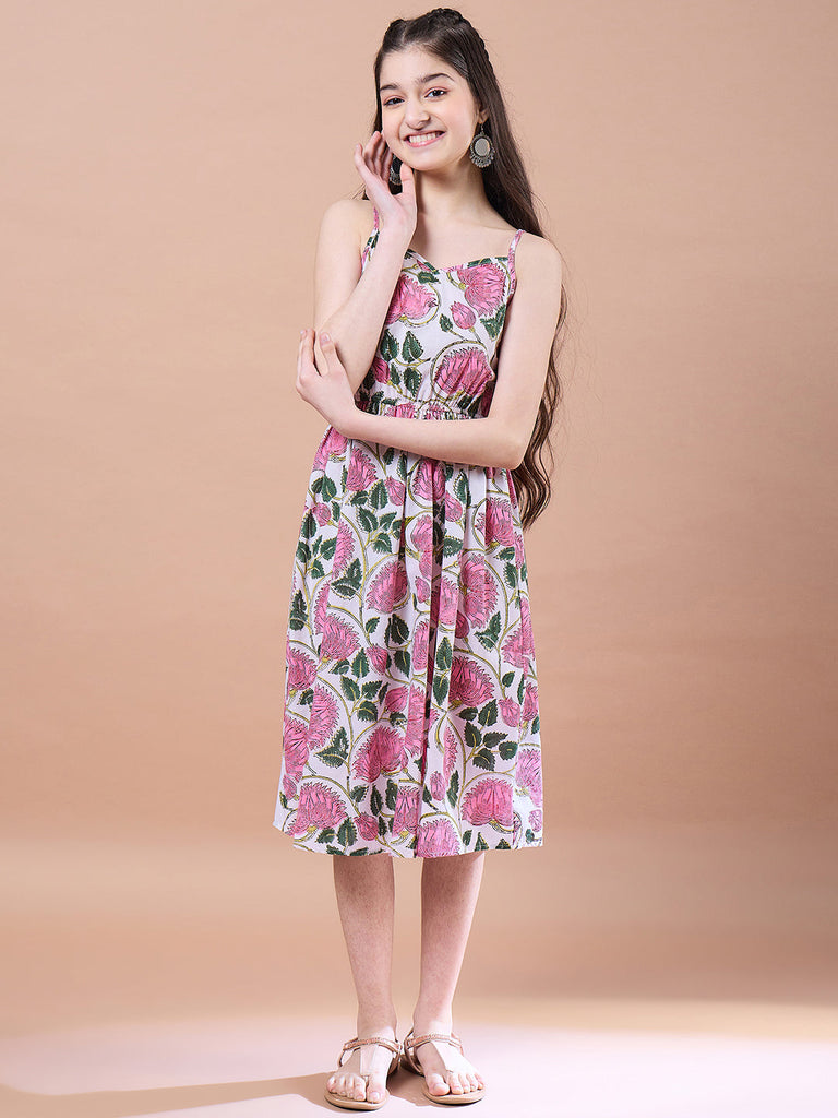 Girls Green floral print empire dress Square Neck Empire Cotton Midi Dress (IW-GREENMIRROR)