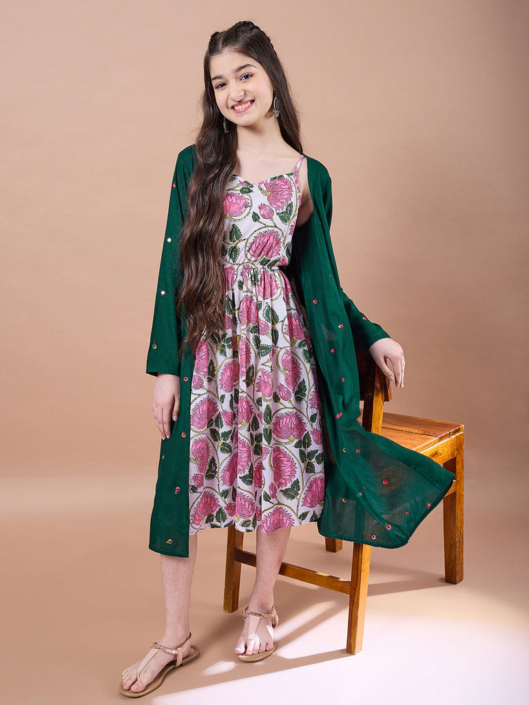 Girls Green floral print empire dress Square Neck Empire Cotton Midi Dress (IW-GREENMIRROR)