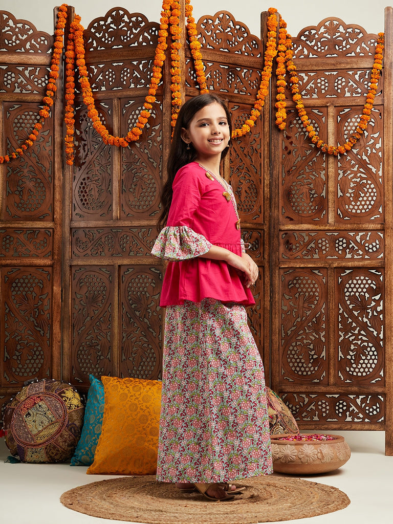 Pspeaches Girls Floral Printed Gotta Patti Bell Sleeves Pure Cotton Top With Palazzos (IW-GREYMULTI)