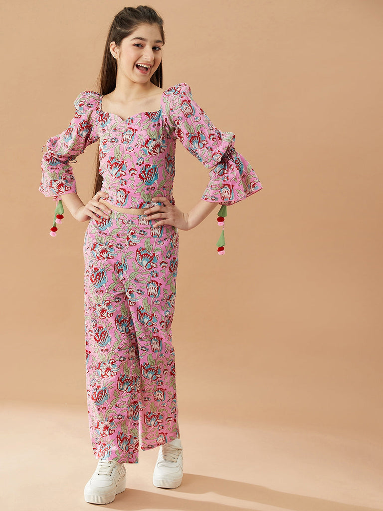 Girls Floral Printed Pure Cotton Bell Sleeves Top with Trousers (IW-JAALCORDSET)