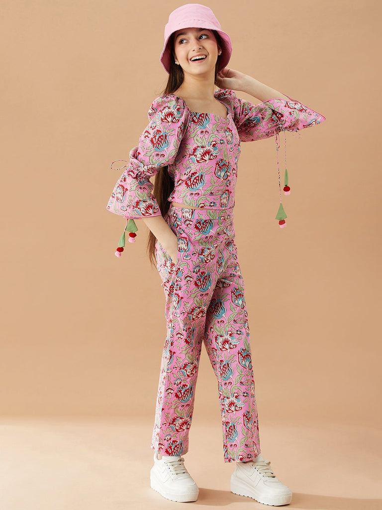 Girls Floral Printed Pure Cotton Bell Sleeves Top with Trousers (IW-JAALCORDSET)