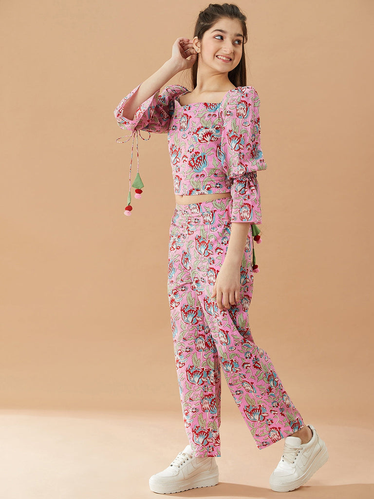 Girls Floral Printed Pure Cotton Bell Sleeves Top with Trousers (IW-JAALCORDSET)