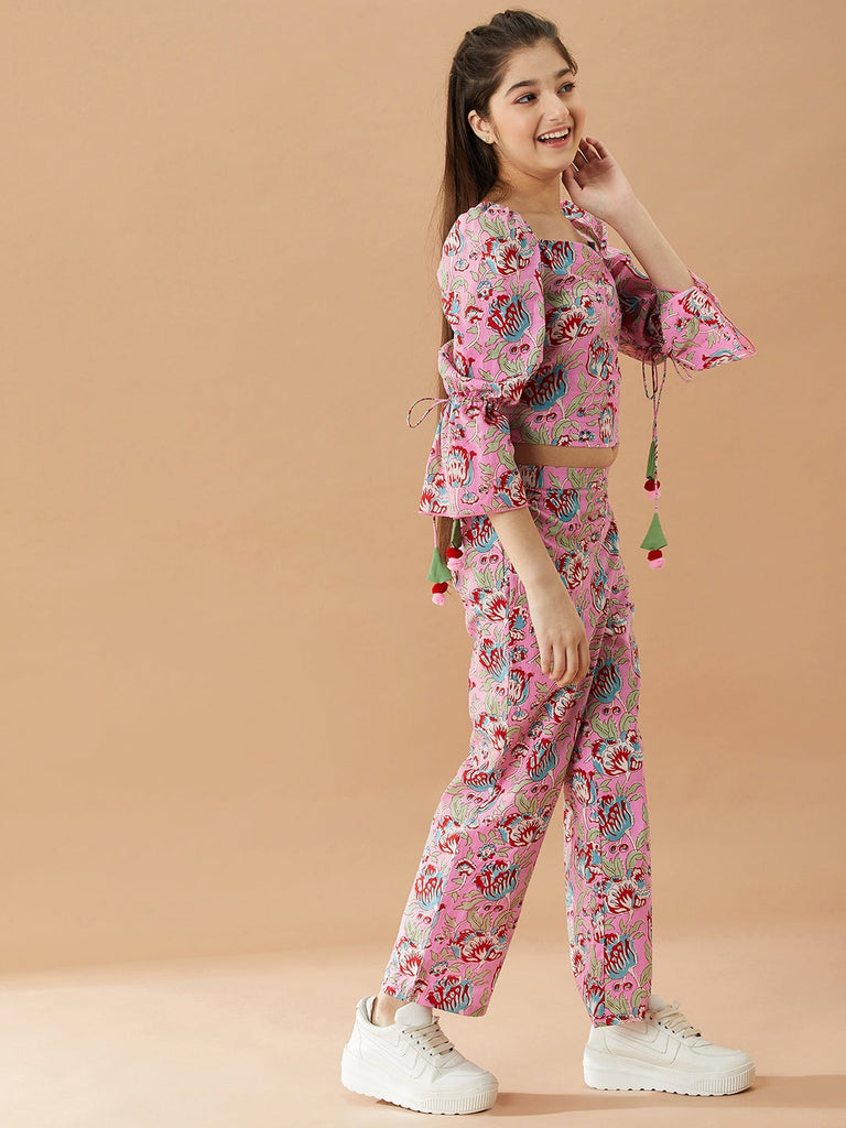 Girls Floral Printed Pure Cotton Bell Sleeves Top with Trousers (IW-JAALCORDSET)