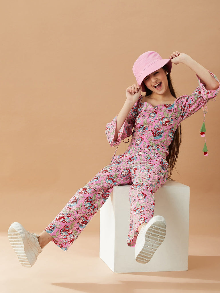 Girls Floral Printed Pure Cotton Bell Sleeves Top with Trousers (IW-JAALCORDSET)