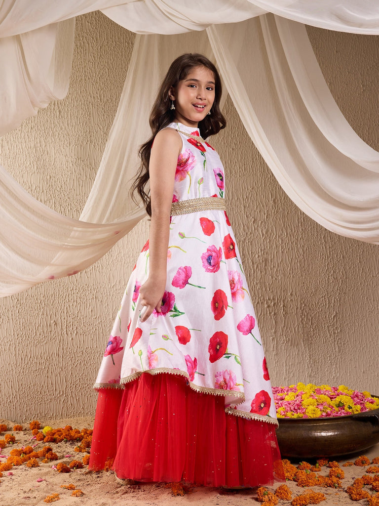 Pspeaches Girls Silk Blend Sleeveless Round Neck Gota Pati Embellished Lehenga Choli Set with Dupatta for Girls (IW-OFFWHITEGOWN)