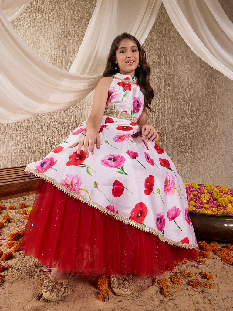 Pspeaches Girls Silk Blend Sleeveless Round Neck Gota Pati Embellished Lehenga Choli Set with Dupatta for Girls (IW-OFFWHITEGOWN)