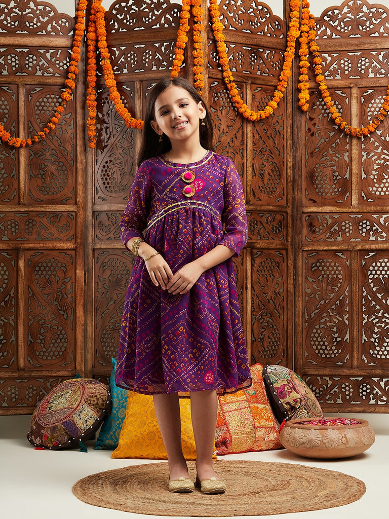 Pspeaches Girls Printed Fit & Flare Georgette Ethnic Dress (IW-PURPLEGGT)