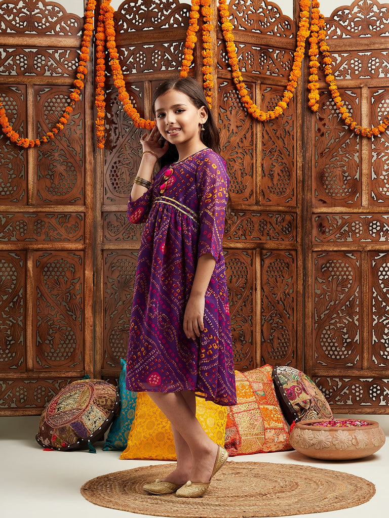 Pspeaches Girls Printed Fit & Flare Georgette Ethnic Dress (IW-PURPLEGGT)