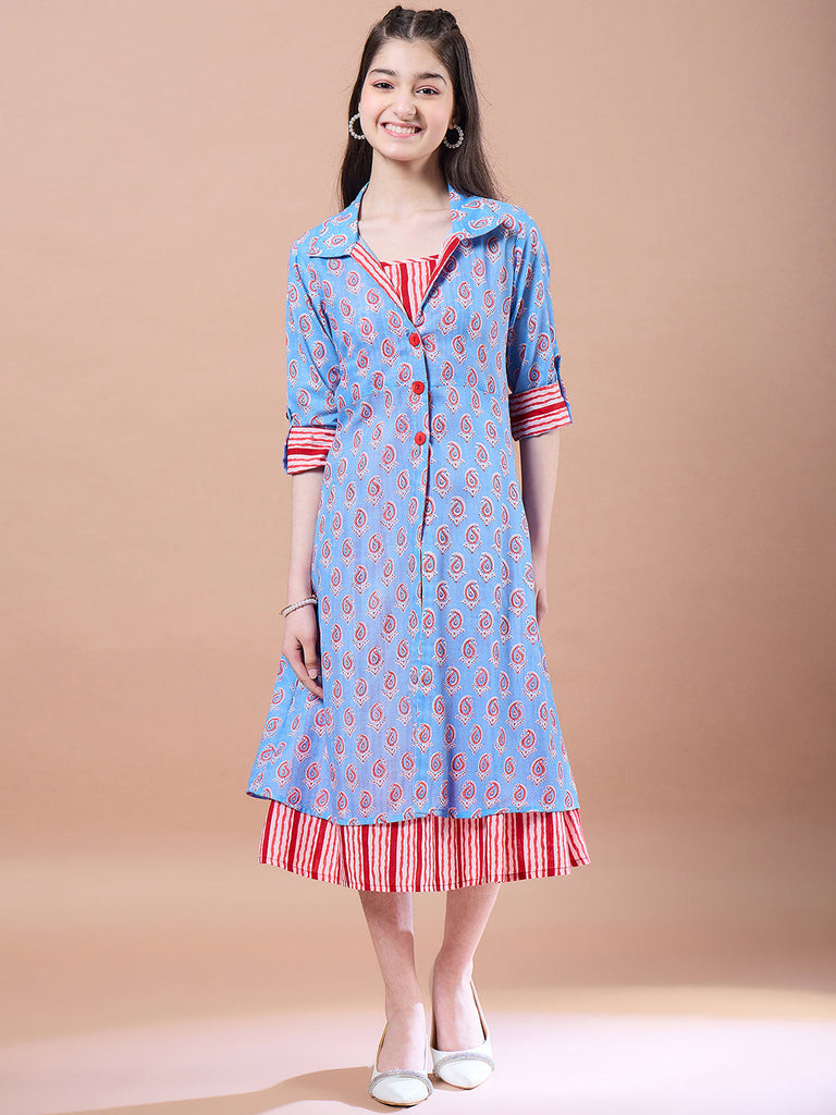 Girls Blue Ethnic Motifs Print Cotton Round Neck Three-quarter sleeves A-Line Midi Dress With Shrug (IW-REDBLUESTRIPE)