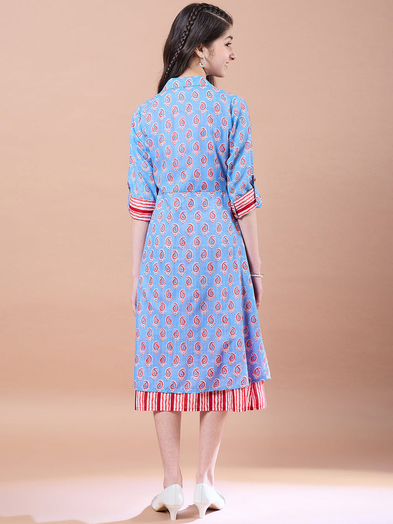 Girls Blue Ethnic Motifs Print Cotton Round Neck Three-quarter sleeves A-Line Midi Dress With Shrug (IW-REDBLUESTRIPE)