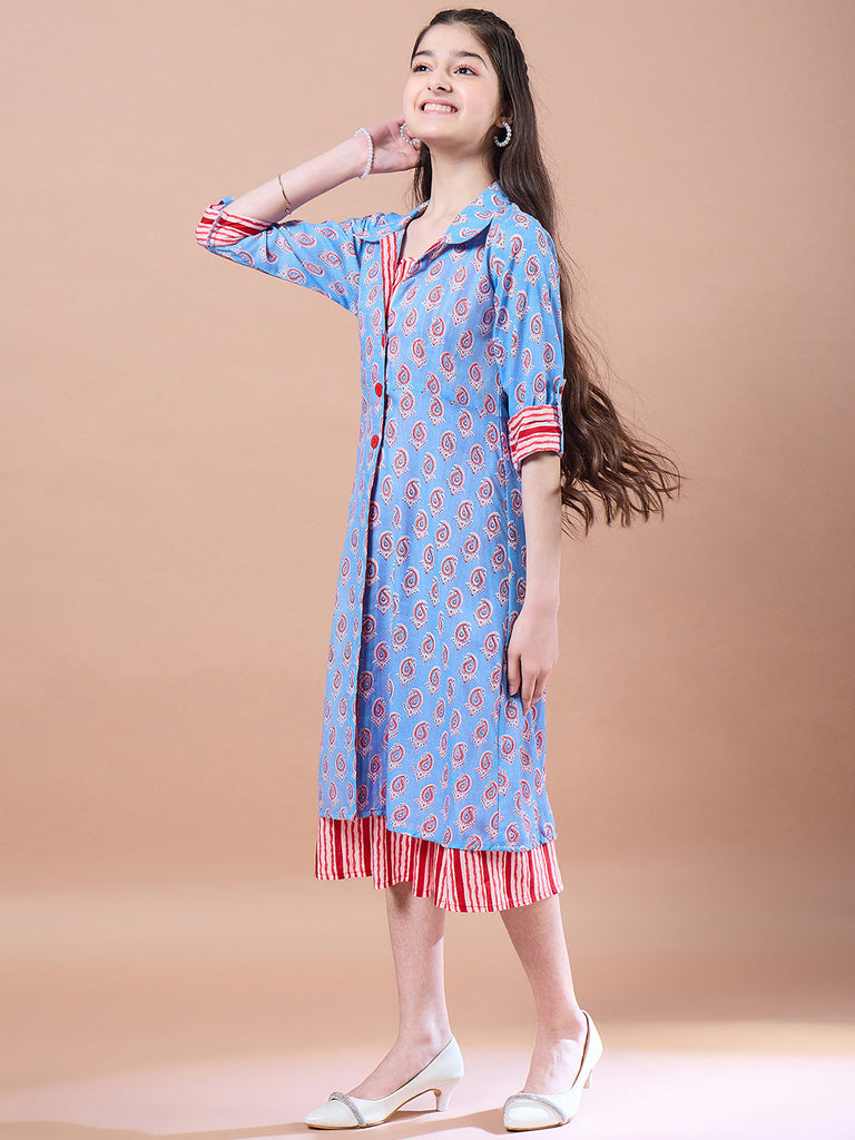 Girls Blue Ethnic Motifs Print Cotton Round Neck Three-quarter sleeves A-Line Midi Dress With Shrug (IW-REDBLUESTRIPE)