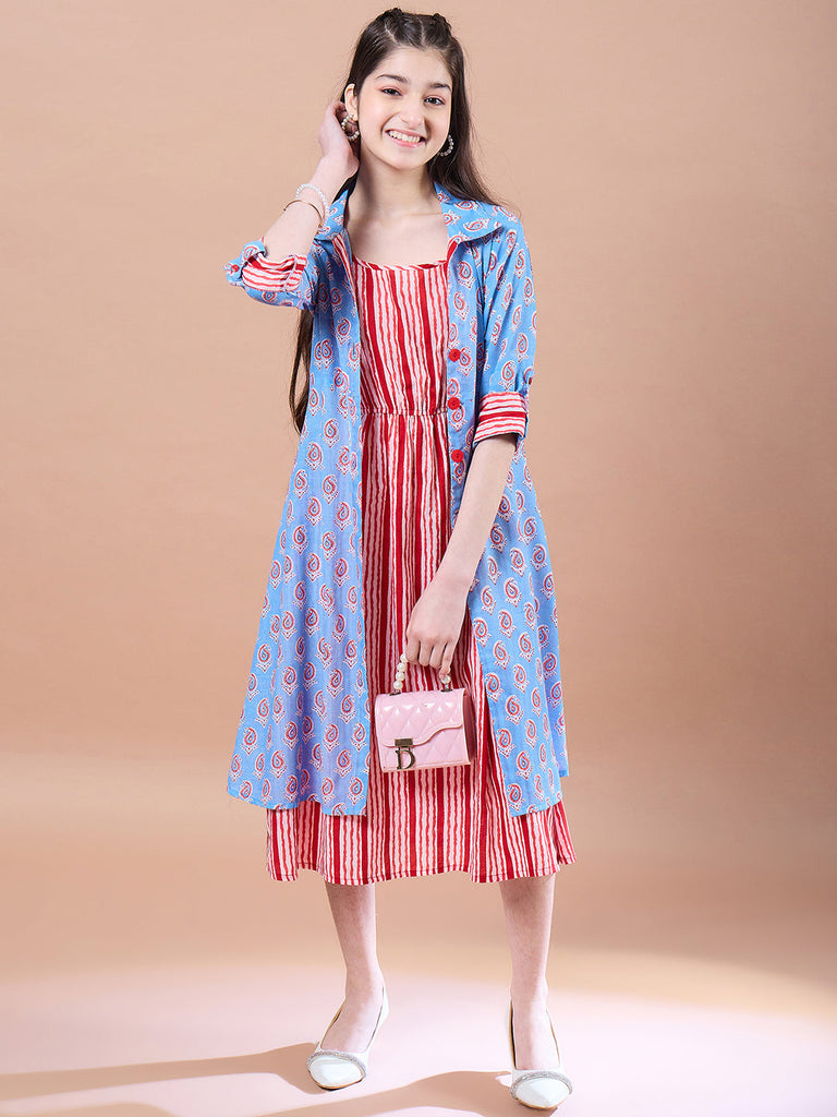 Girls Blue Ethnic Motifs Print Cotton Round Neck Three-quarter sleeves A-Line Midi Dress With Shrug (IW-REDBLUESTRIPE)