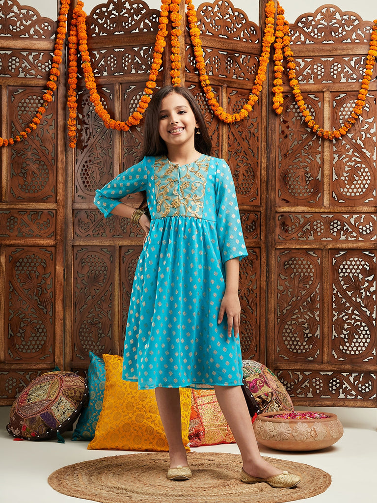 Pspeaches Girls Printed & Embroidered Fit & Flare Georgette Ethnic Dress (IW-TURQFOILGOTA)