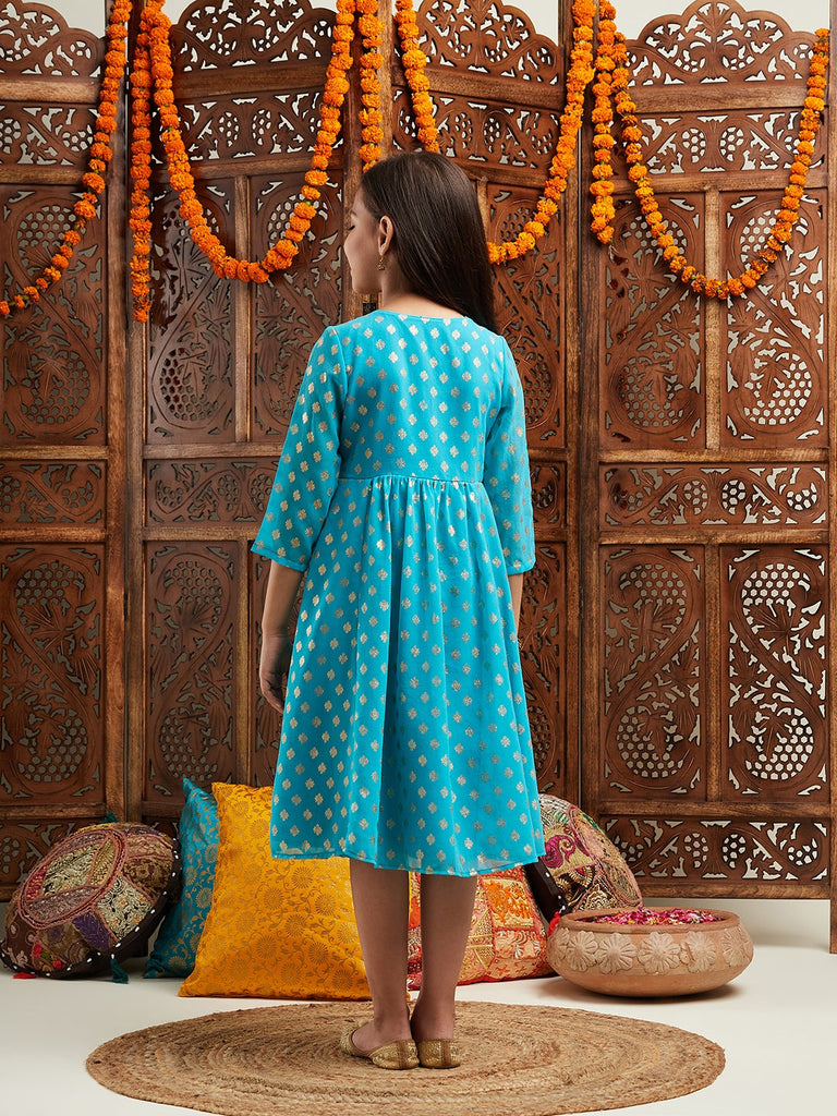 Pspeaches Girls Printed & Embroidered Fit & Flare Georgette Ethnic Dress (IW-TURQFOILGOTA)