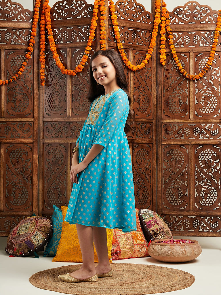 Pspeaches Girls Printed & Embroidered Fit & Flare Georgette Ethnic Dress (IW-TURQFOILGOTA)