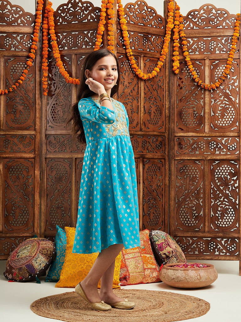 Pspeaches Girls Printed & Embroidered Fit & Flare Georgette Ethnic Dress (IW-TURQFOILGOTA)