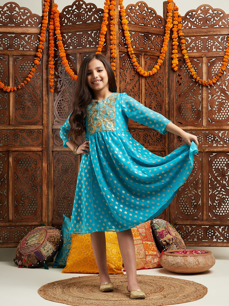 Pspeaches Girls Printed & Embroidered Fit & Flare Georgette Ethnic Dress (IW-TURQFOILGOTA)