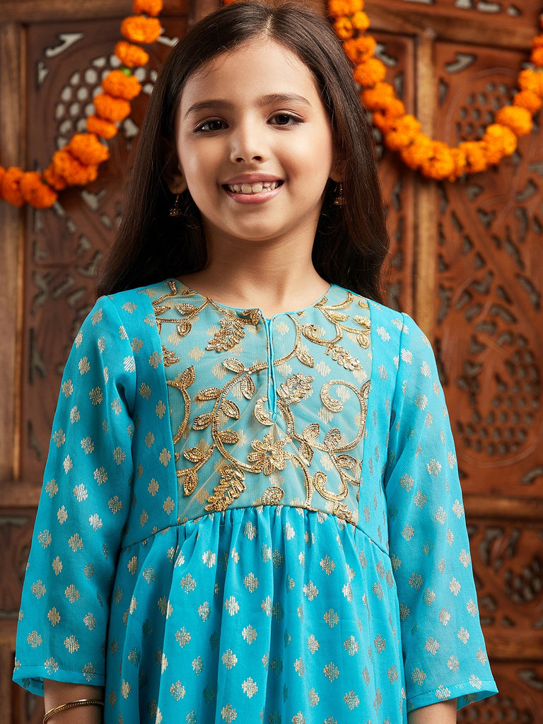 Pspeaches Girls Printed & Embroidered Fit & Flare Georgette Ethnic Dress (IW-TURQFOILGOTA)