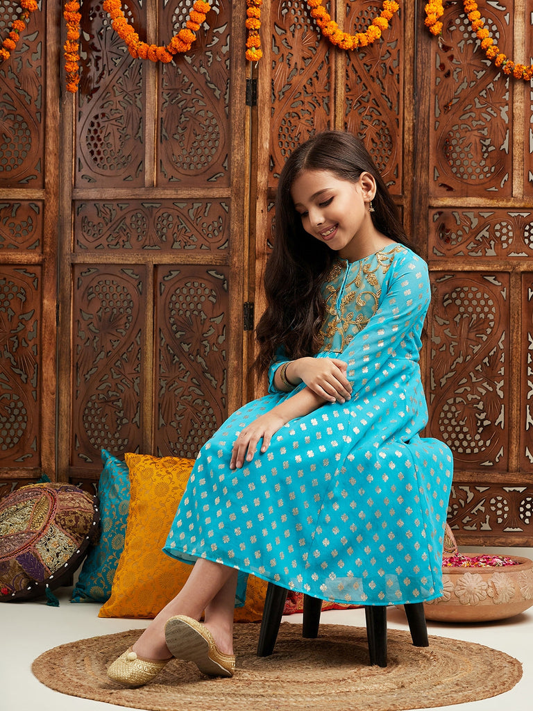 Pspeaches Girls Printed & Embroidered Fit & Flare Georgette Ethnic Dress (IW-TURQFOILGOTA)