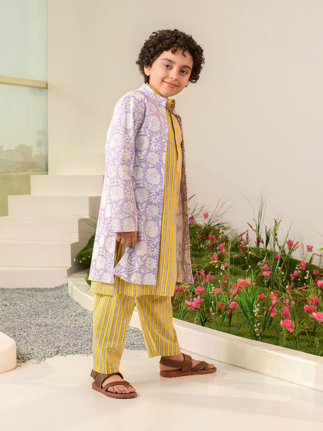 Boys Ethnic Motifs Printed Pure Cotton Kurta with Pyjamas & Nahru Jacket (KP-BLACKSTRIPE)