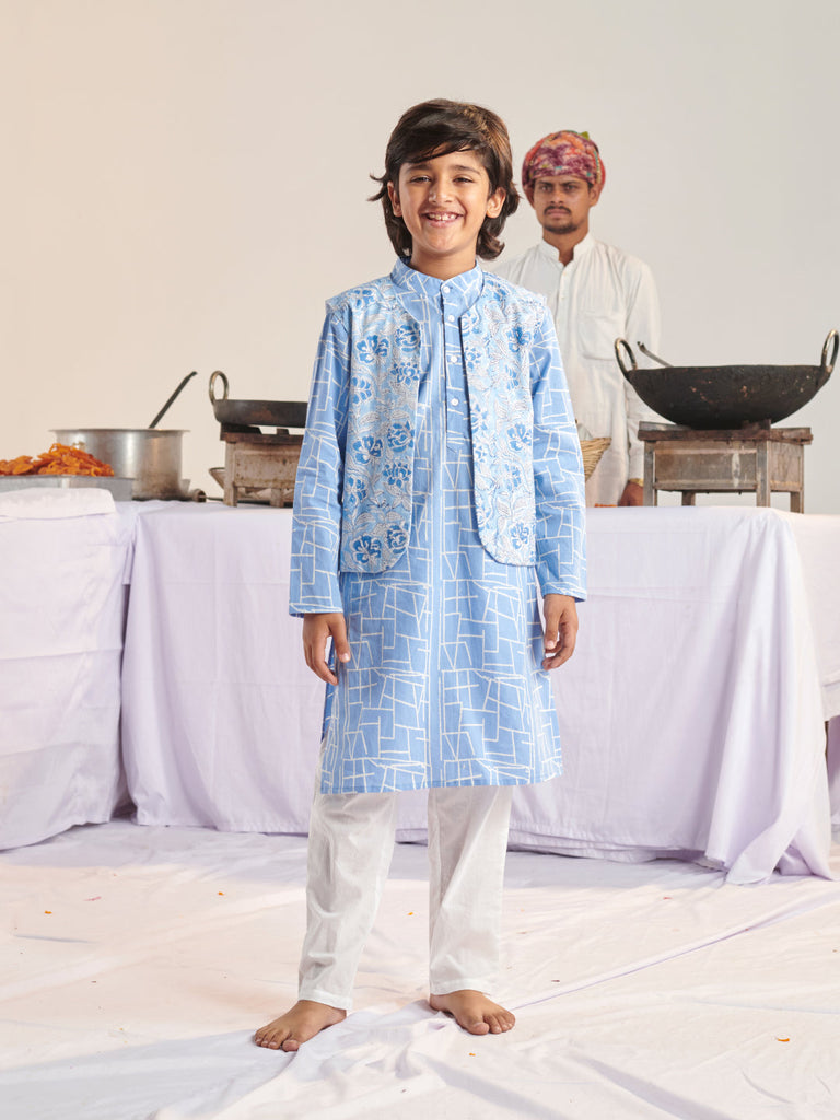 Boys Floral Printed Angrakha Kurta With Pyjamas (KP-BLUEABSTARCT)