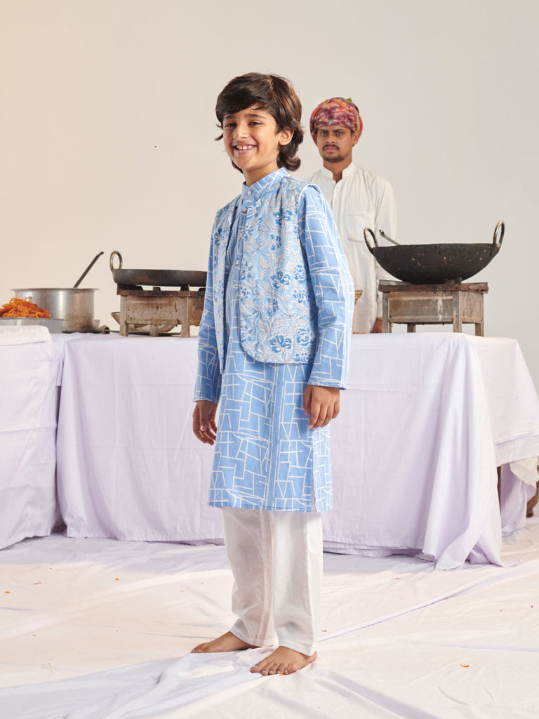 Boys Floral Printed Angrakha Kurta With Pyjamas (KP-BLUEABSTARCT)