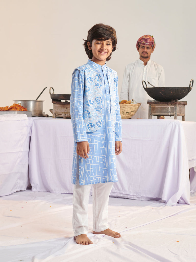 Boys Floral Printed Angrakha Kurta With Pyjamas (KP-BLUEABSTARCT)