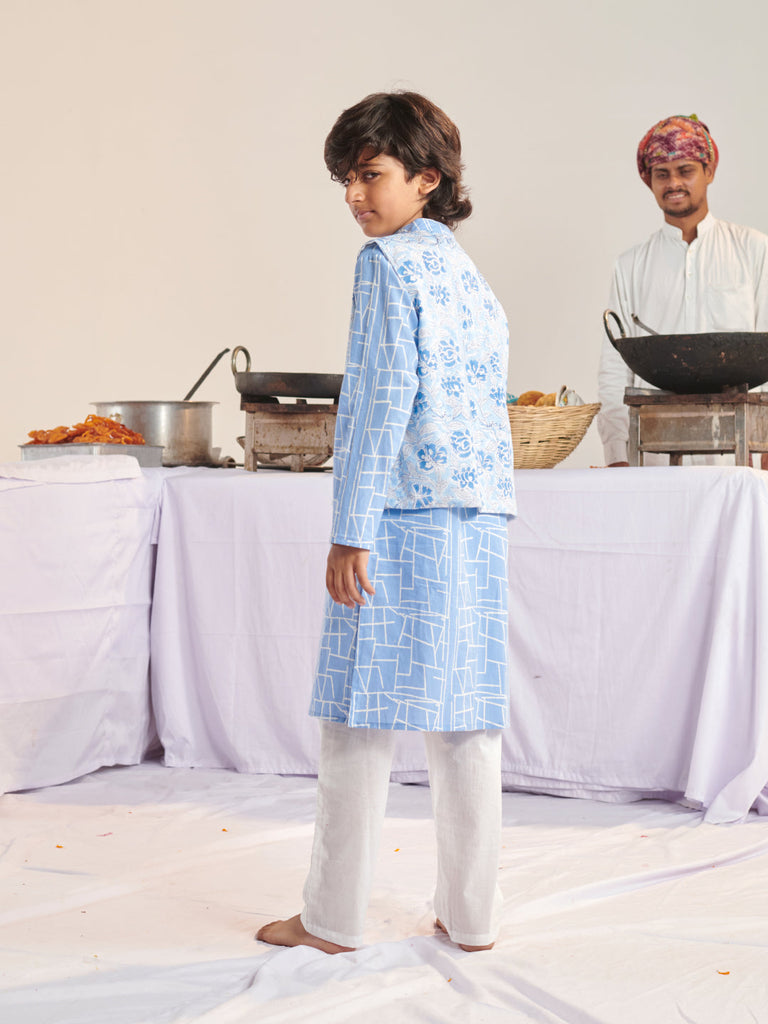 Boys Floral Printed Angrakha Kurta With Pyjamas (KP-BLUEABSTARCT)