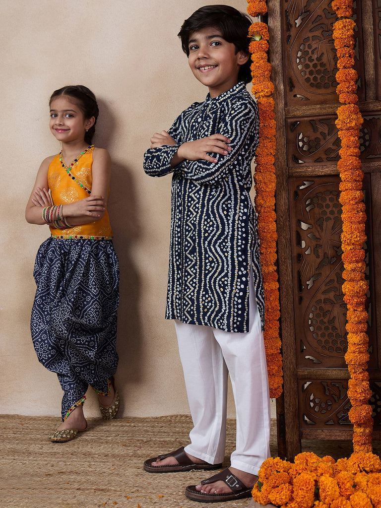 Boys Bandhani Printed Band Collar Kurta With Pyjamas (KP-BLUEBANDHNI)