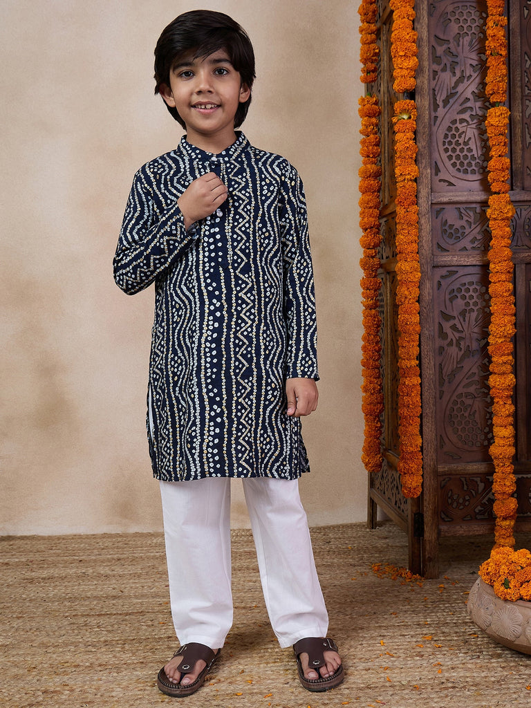 Boys Bandhani Printed Band Collar Kurta With Pyjamas (KP-BLUEBANDHNI)