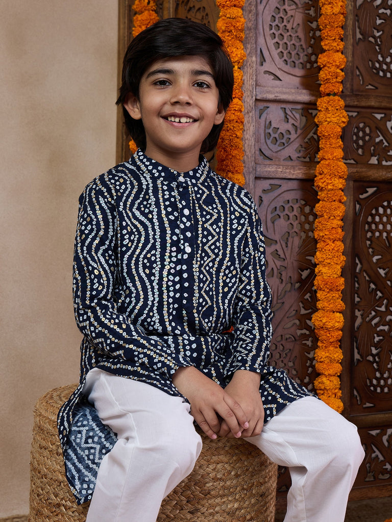 Boys Bandhani Printed Band Collar Kurta With Pyjamas (KP-BLUEBANDHNI)