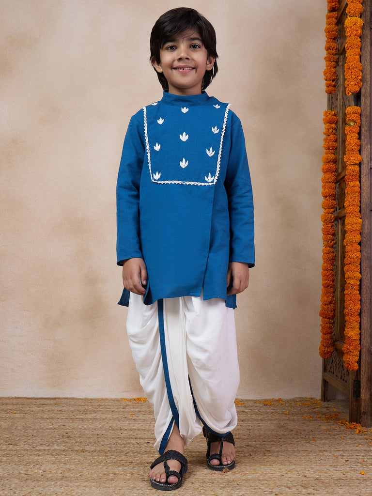 Boys Mandarin Collar Floral Yoke Design Regular Thread Work Kurta With Dhoti Pants (KP-BLUEWTDHOTI)