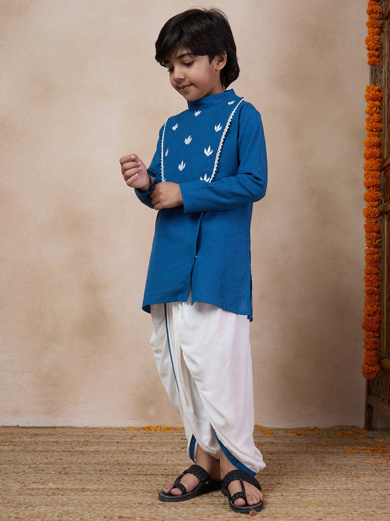 Boys Mandarin Collar Floral Yoke Design Regular Thread Work Kurta With Dhoti Pants (KP-BLUEWTDHOTI)