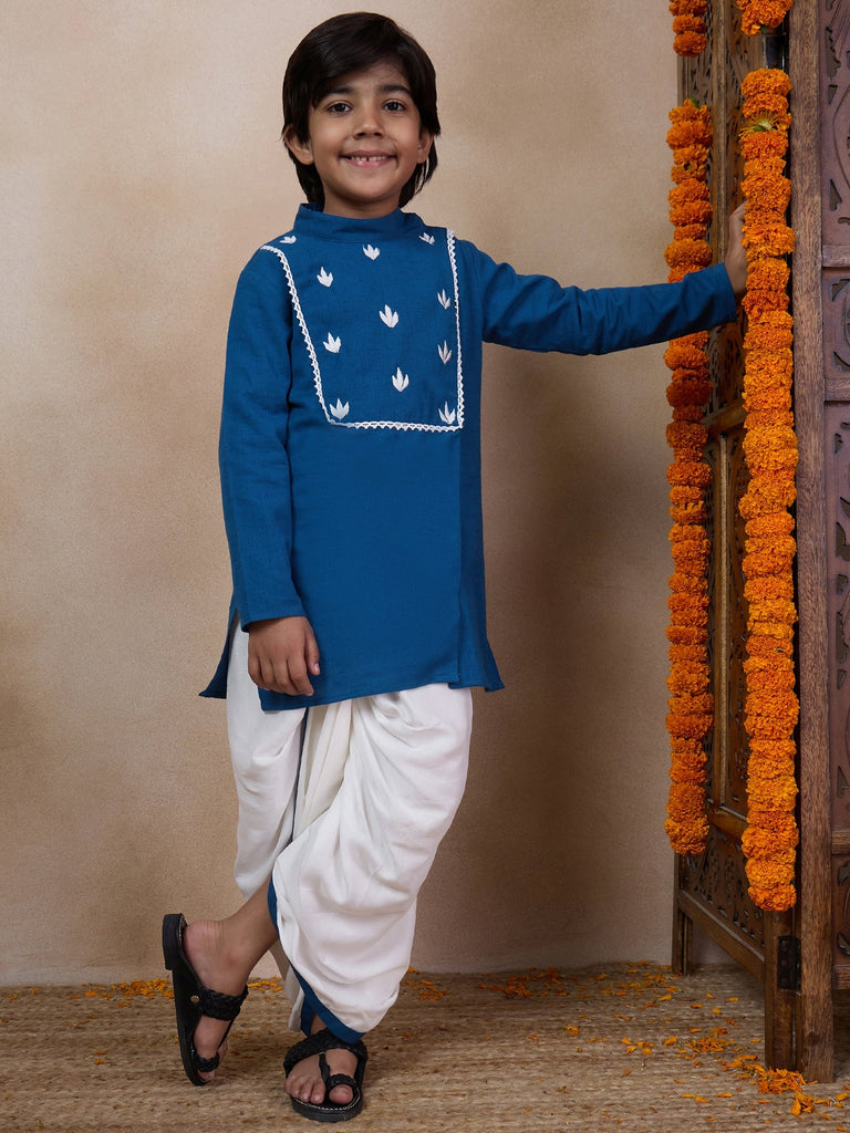 Boys Mandarin Collar Floral Yoke Design Regular Thread Work Kurta With Dhoti Pants (KP-BLUEWTDHOTI)