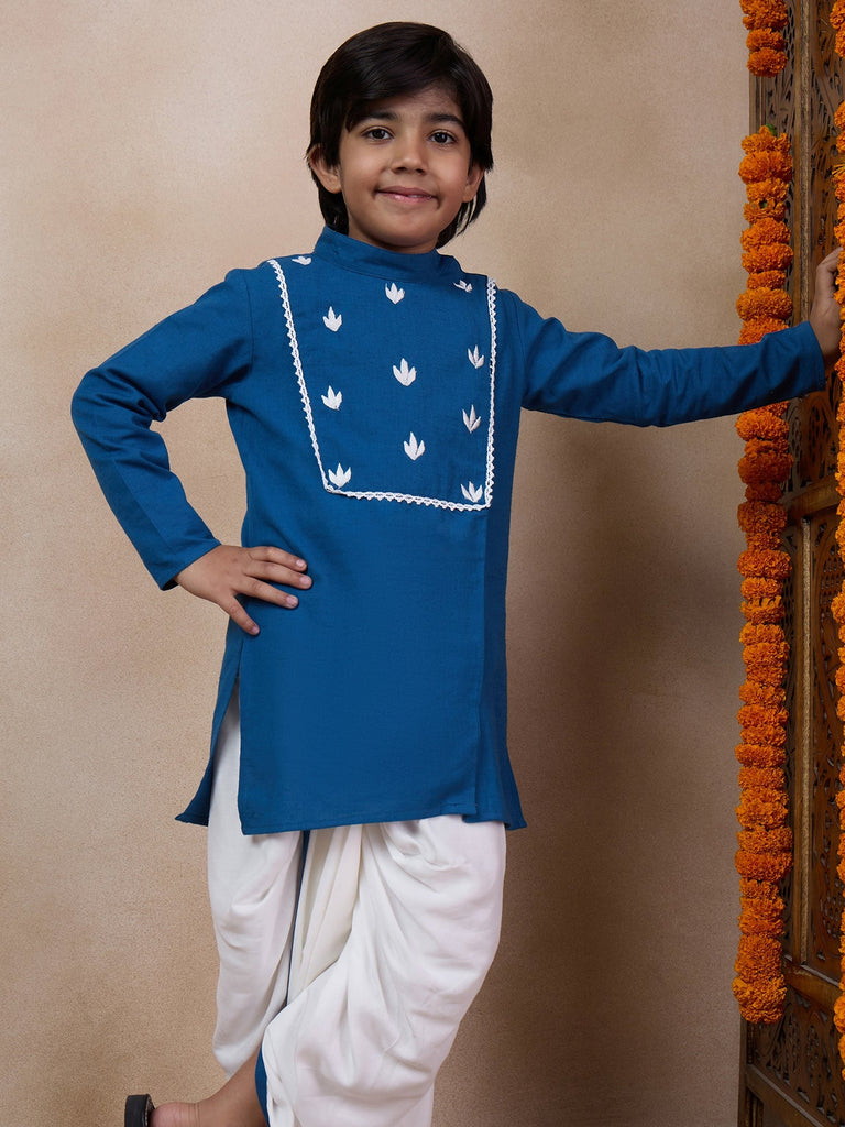 Boys Mandarin Collar Floral Yoke Design Regular Thread Work Kurta With Dhoti Pants (KP-BLUEWTDHOTI)