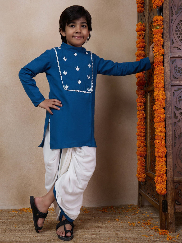 Boys Mandarin Collar Floral Yoke Design Regular Thread Work Kurta With Dhoti Pants (KP-BLUEWTDHOTI)