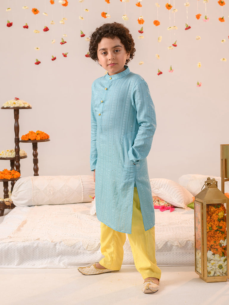 Boys Ethnic Motifs Printed Regular Pure Cotton Kurta With Pyjamas (KP-BLUEYELLOW)