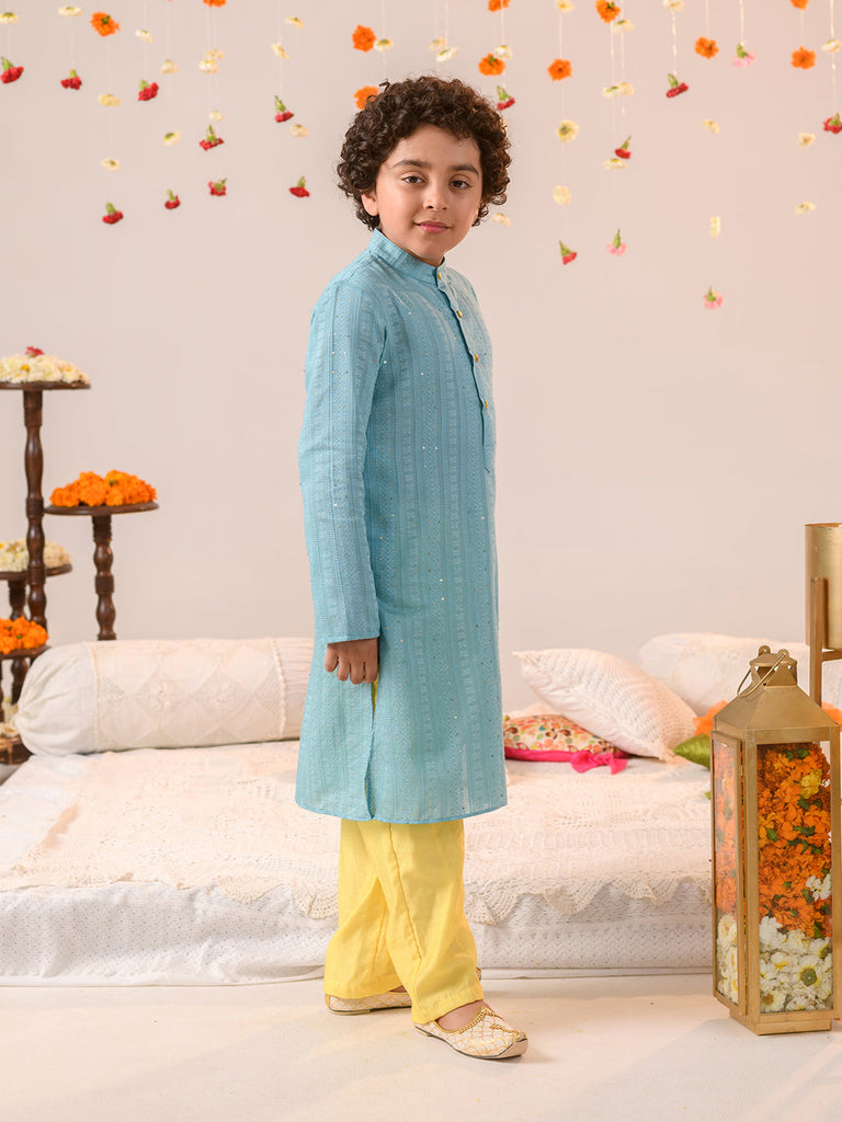 Boys Ethnic Motifs Printed Regular Pure Cotton Kurta With Pyjamas (KP-BLUEYELLOW)