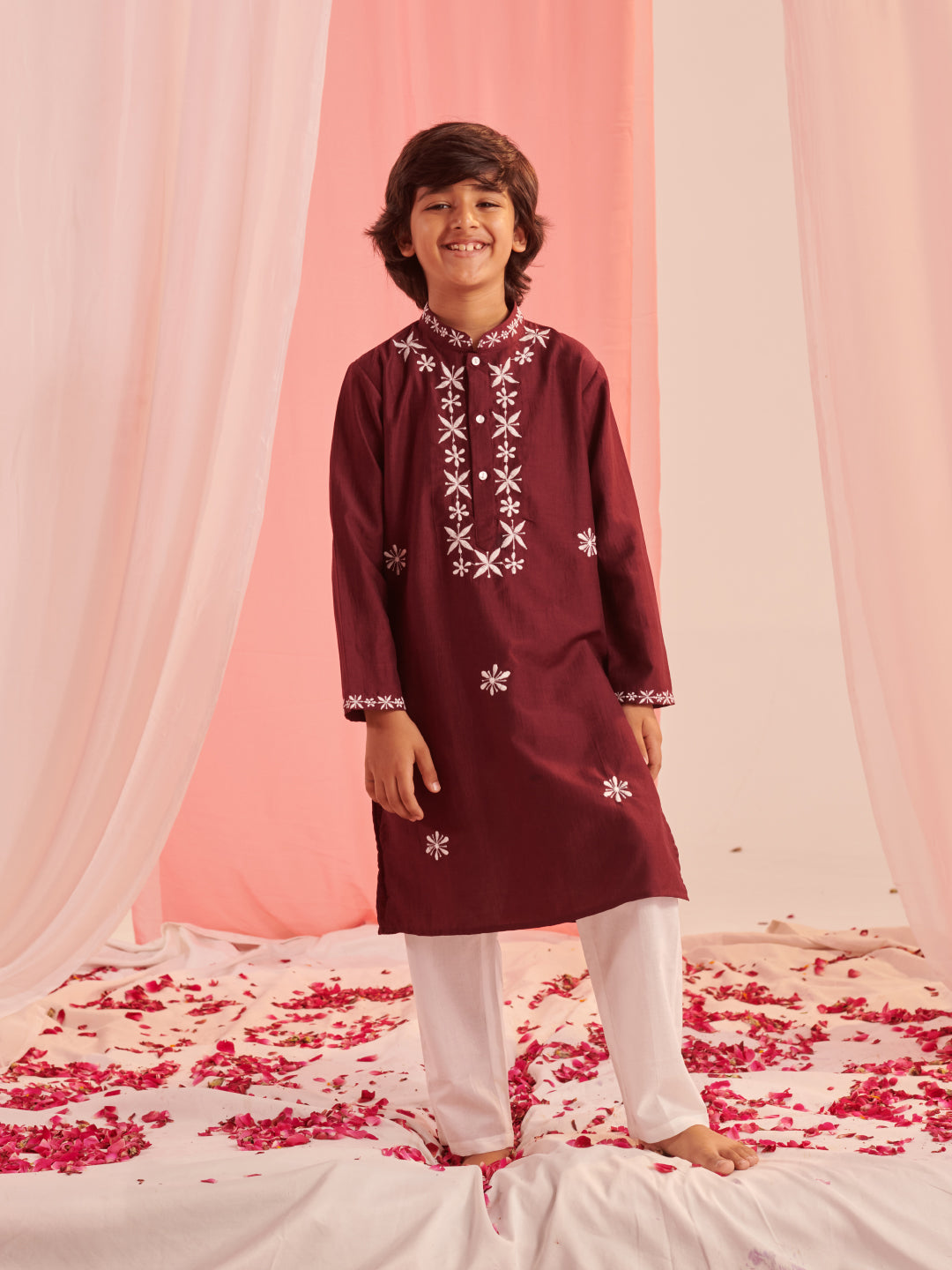 Boys Embroidered Regular Kurta With Pyjamas (KP-BURGUNDY)