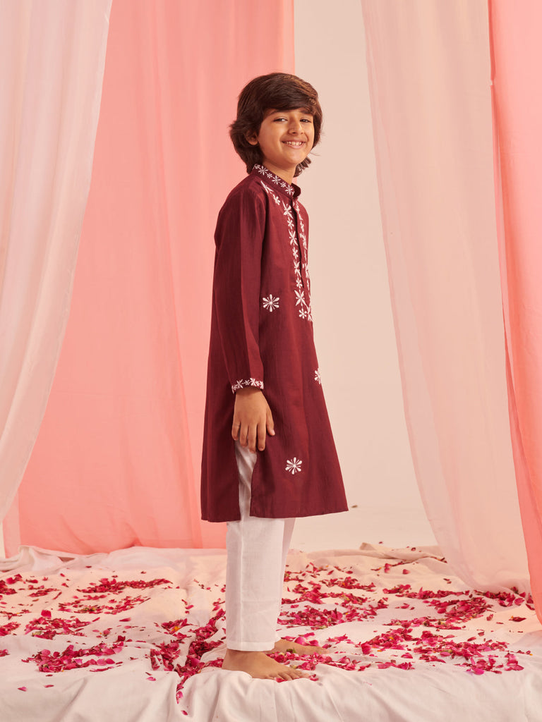 Boys Embroidered Regular Kurta With Pyjamas (KP-BURGUNDY)