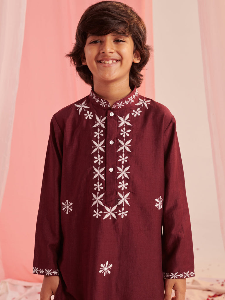 Boys Embroidered Regular Kurta With Pyjamas (KP-BURGUNDY)