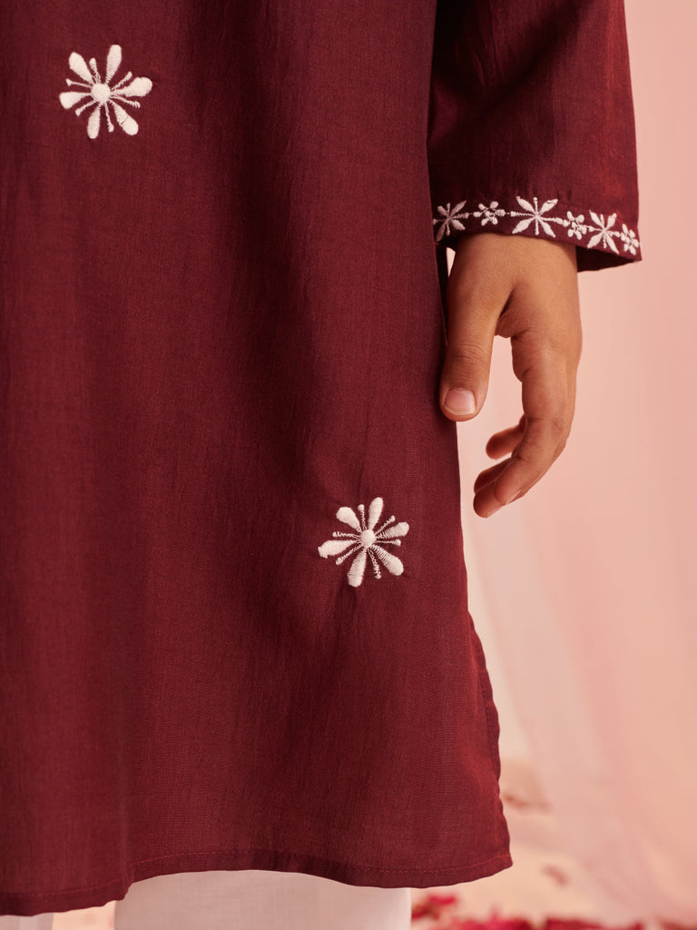 Boys Embroidered Regular Kurta With Pyjamas (KP-BURGUNDY)