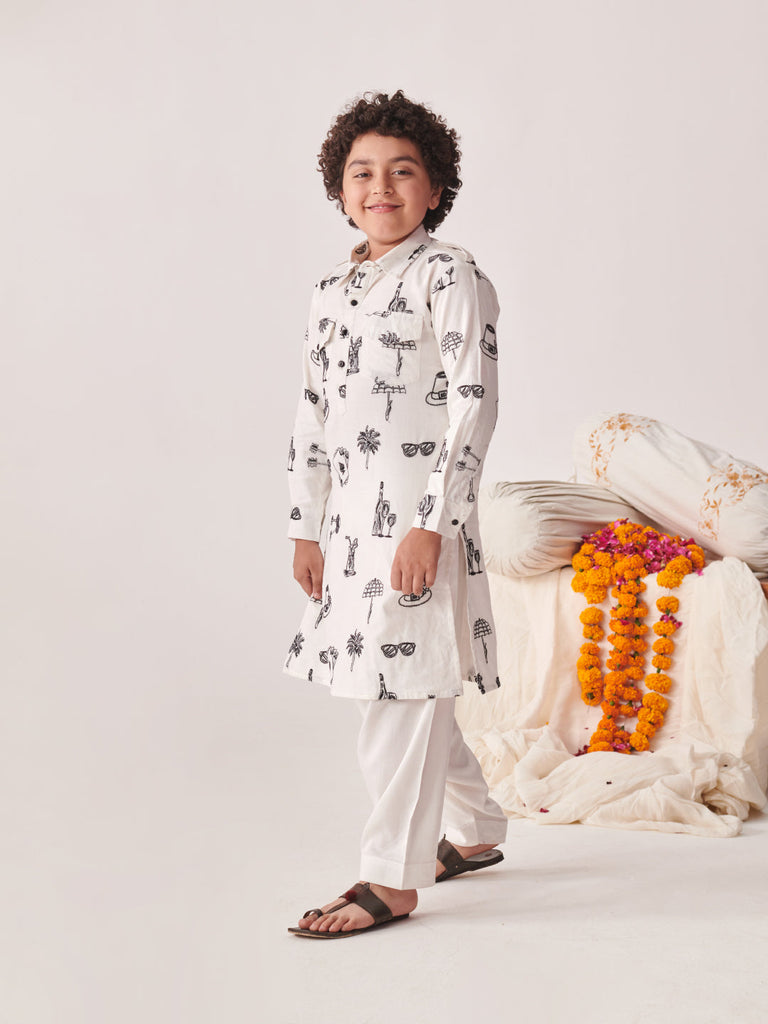 Boys Ethnic Motifs Printed Regular Kurta With Pyjamas (KP-EMBWHITE)