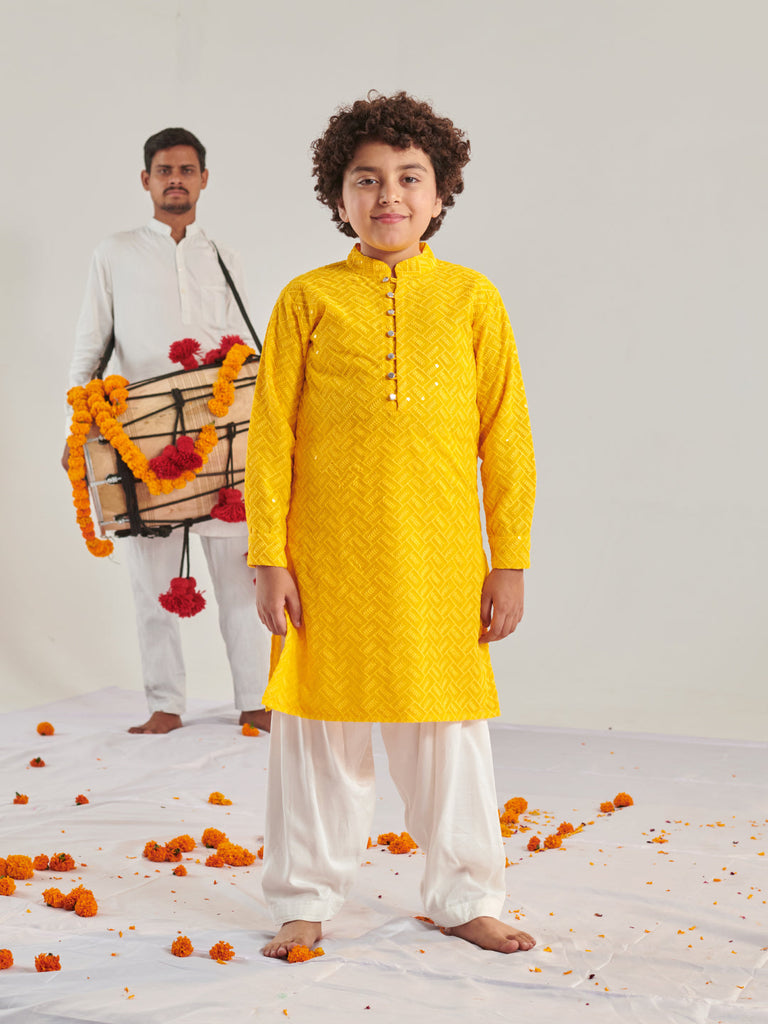 Boys Ethnic Motifs Embroidered Regular Thread Work Kurta With Pyjamas (KP-GGTYELLOWFABRIC)