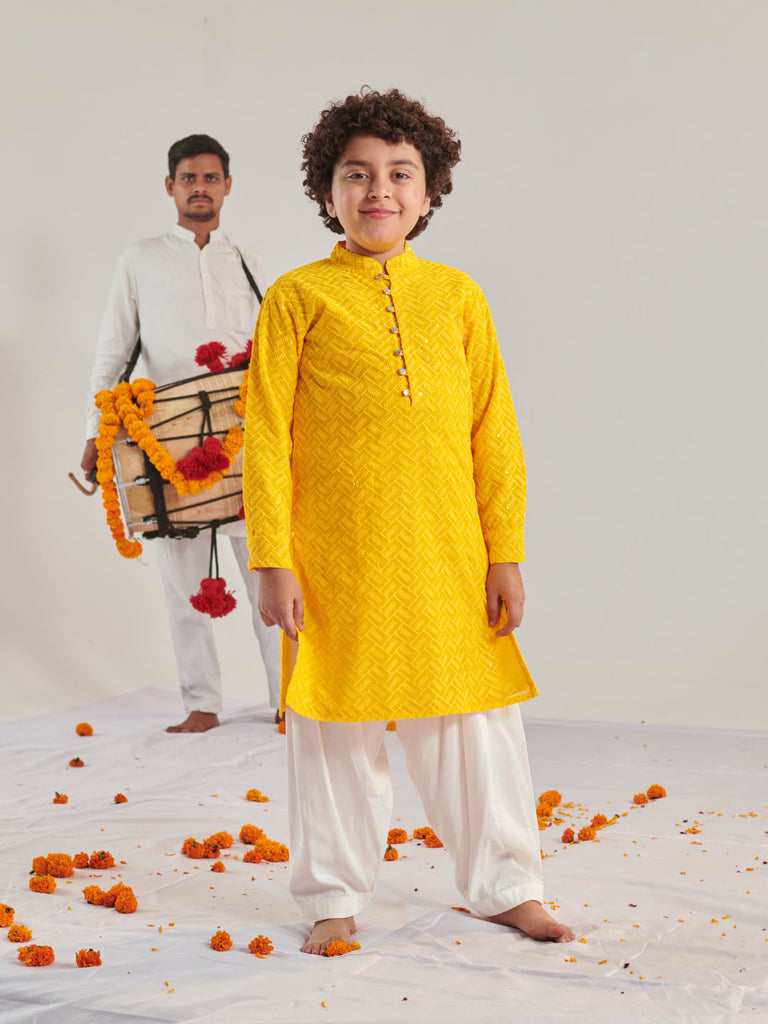 Boys Ethnic Motifs Embroidered Regular Thread Work Kurta With Pyjamas (KP-GGTYELLOWFABRIC)