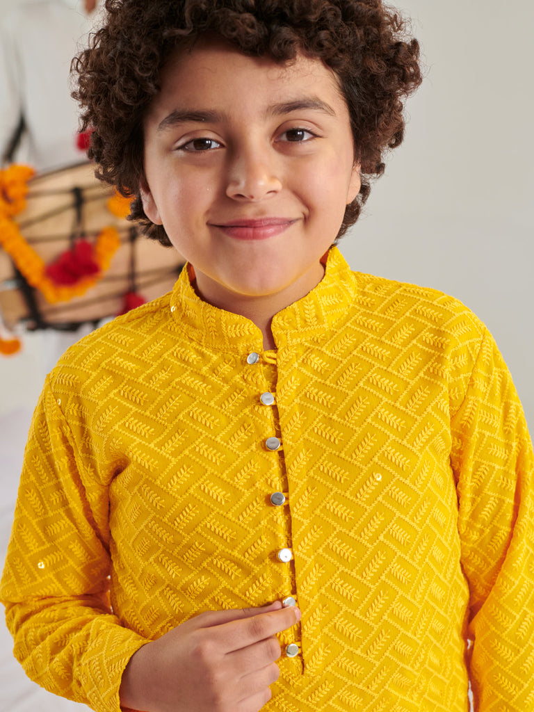 Boys Ethnic Motifs Embroidered Regular Thread Work Kurta With Pyjamas (KP-GGTYELLOWFABRIC)