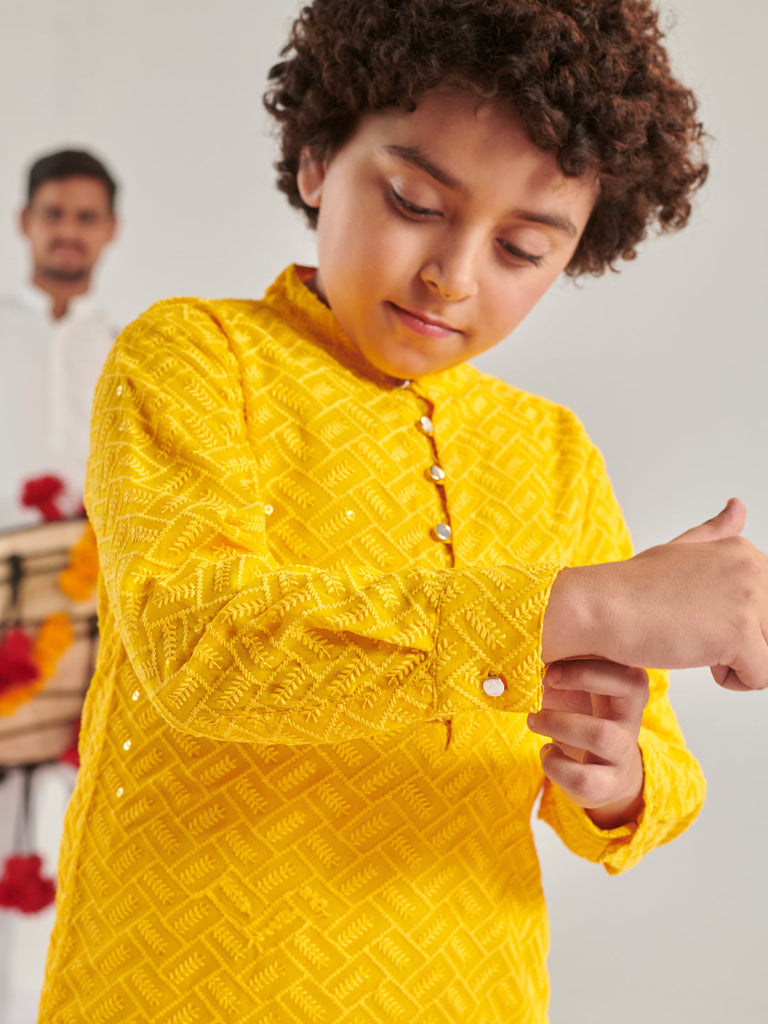 Boys Ethnic Motifs Embroidered Regular Thread Work Kurta With Pyjamas (KP-GGTYELLOWFABRIC)