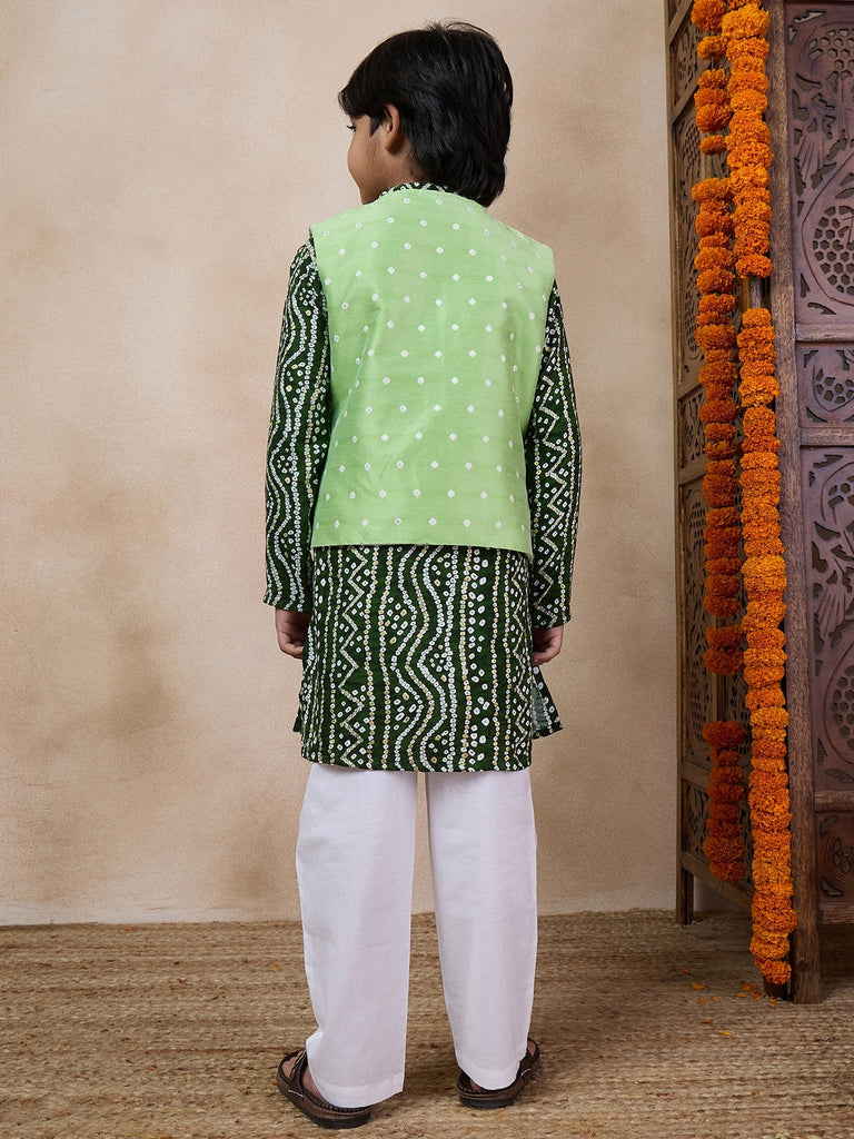 Boys Bandhani Printed Straight Kurta Pyjamas With Jacket (KP-GREENBROCADE)